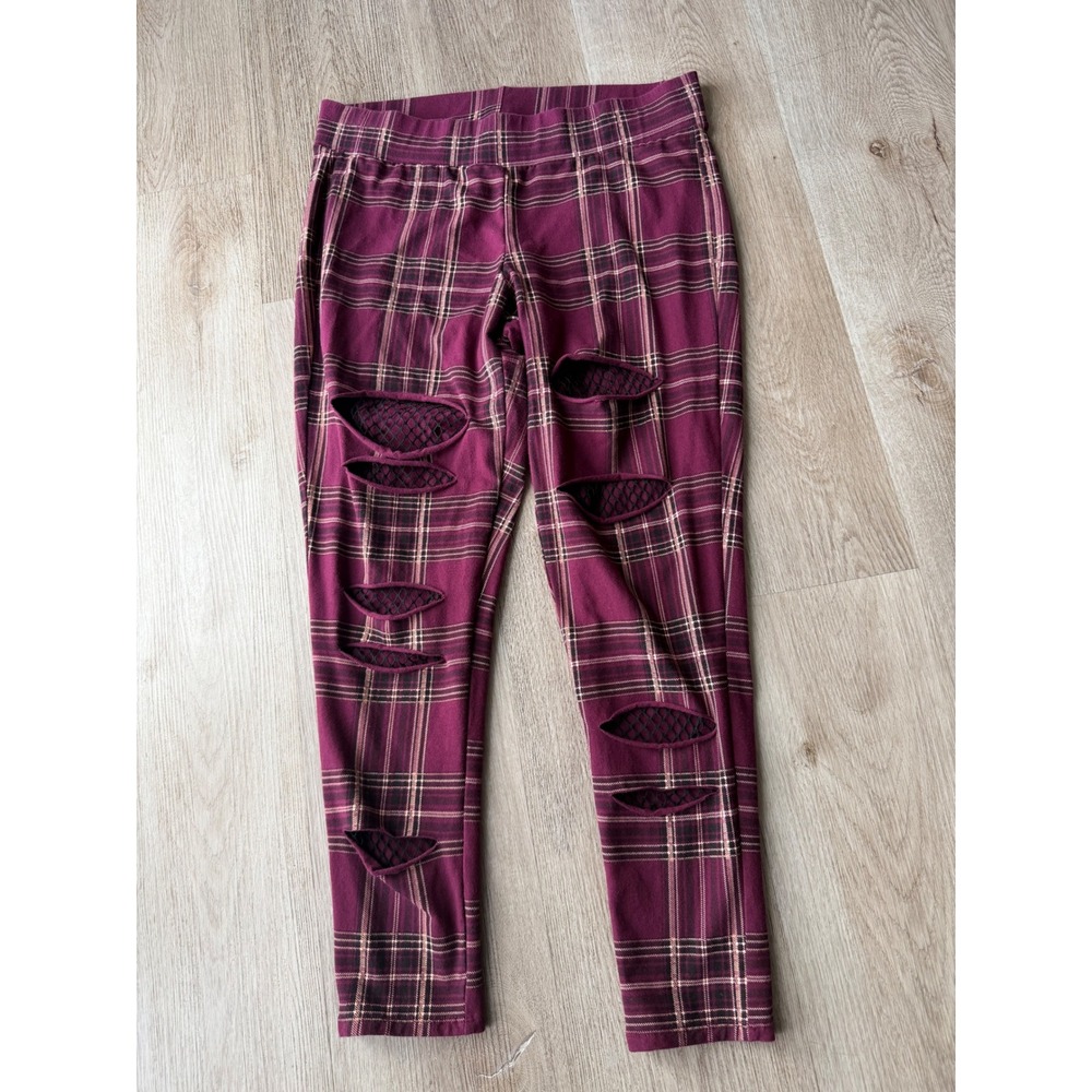 Torrid Plaid Distressed Fishnet Mesh Inset Leggings Burgundy Size 1